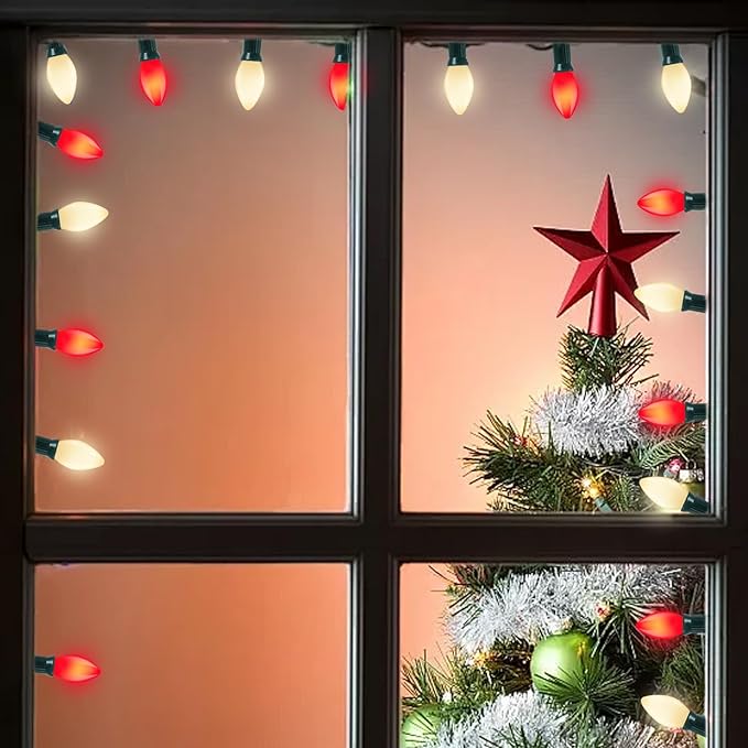 C7 LED Red and White Christmas Lights, 25Ft Outdoor Decorations With 27 Shatterproof Bulbs, Hanging Vintage Christmas Lights for Tree Roofline Holiday Party Backyard
