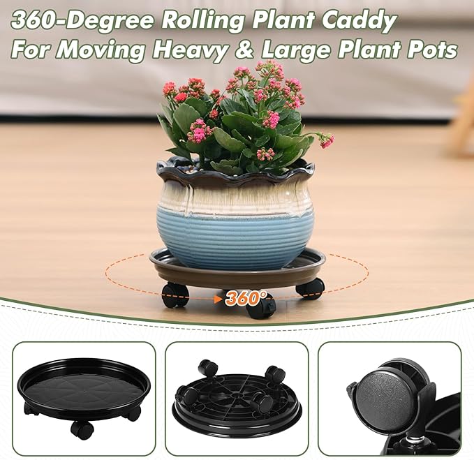 8 Packs Plant Caddy with Wheels 12" Plastic Rolling Plant Stands Heavy-duty Plant Dolly with Casters Indoor and Outdoor Plant Roller Base Large Heavy Plant Pot Saucers with Wheels Plant Mover, Brown