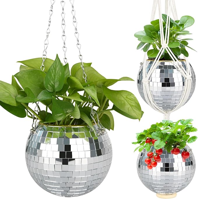 4"/6"/8"/9"/10" Disco Ball Planter, Disco Ball Plant Hanger with Hanging Rope, Hanging Chain, Hook, Circle and Extra Mirror Pieces (6" Silver, 1pcs)