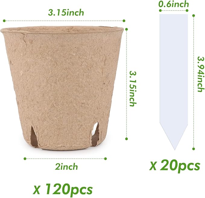Homenote Peat Pots, 120 Pcs 3.15 Inch Seed Starting Pots with Drainage Holes Round Nursery Plants Pots with Bonus 20 Plant Labels