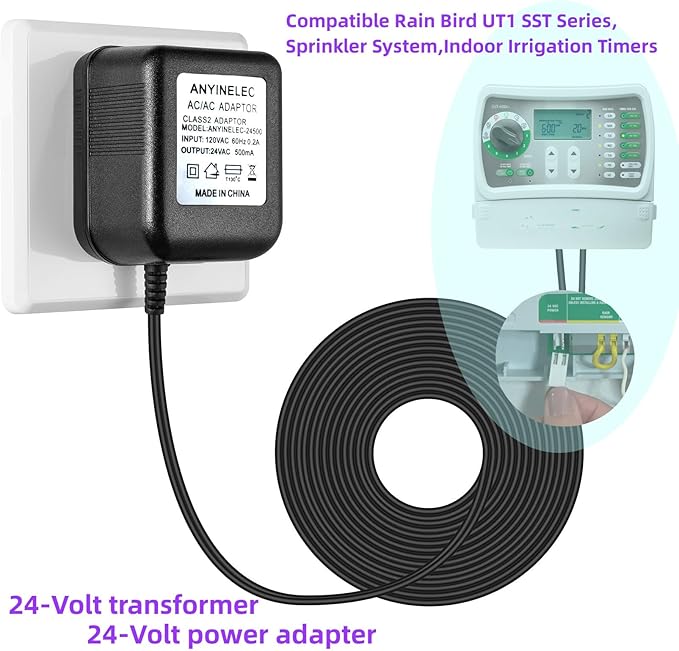 for Rain Bird SST Series Indoor Irrigation Timers 24V AC Power Adapter Transformer Compatible Sprinkler System,Indoor Irrigation Timers（9.8 FT Cable）