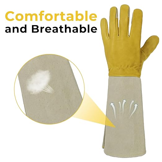 HLDD HANDLANDY Gardening Gloves Long Sleeve for Women and Men Cactus Protection Leather Garden Gloves for Cactus, Golden Yellow, S