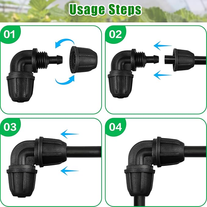 JAYEE Drip Irrigation Fittings 1/4 Inch, 25 Pcs Barbed Locked Elbows for 1/4 In Tubing, Drip Line Parts Irrigation Connectors with Lock Nut for Drip Sprinkler Garden Lawn Watering Systems, Black