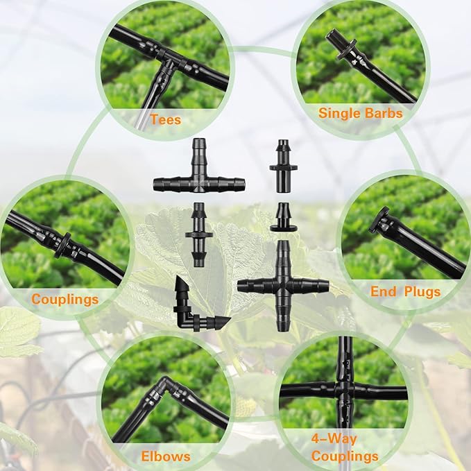300 Pcs Barbed Connectors Irrigation Fittings Kit, Drip Irrigation Fittings 1/4” Tubing Connectors for Drip or Sprinkler Systems-Couplings, Single Barbs, End Plugs, Elbows, Tees, 4-Way Coupler