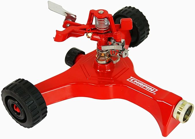 Chapin 4982: Wheeled Impact Sprinkler, 360 Degree Automatic Impact Sprinkler with Wheeled Base for Medium to Large Gardens and Lawns, Up to 85 ft Coverage Area, Lawn Sprinkler
