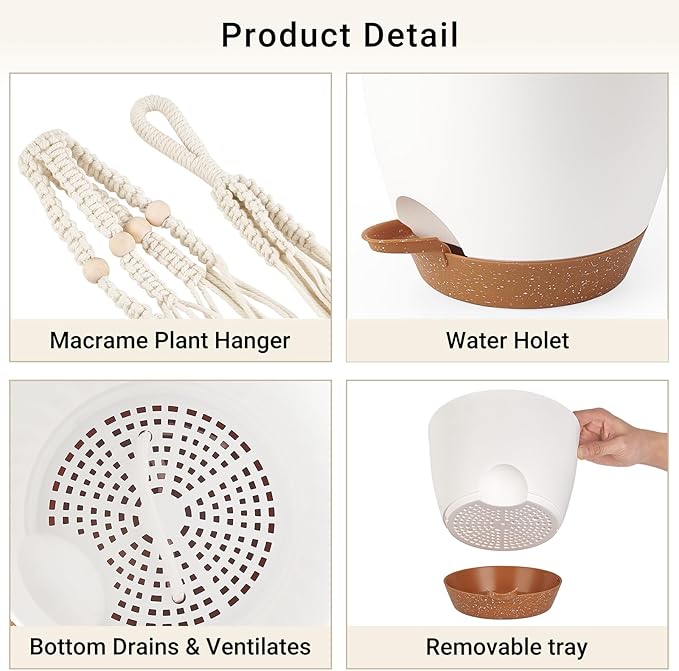 Mkono Hanging Planters, Macrame Plant Hangers with Self Watering Plant Pots Indoor Set of 3 Hanging Baskets Flower Pot Holders with Hooks No Tassels 3 Different Size for Boho Home Decor, Ivory