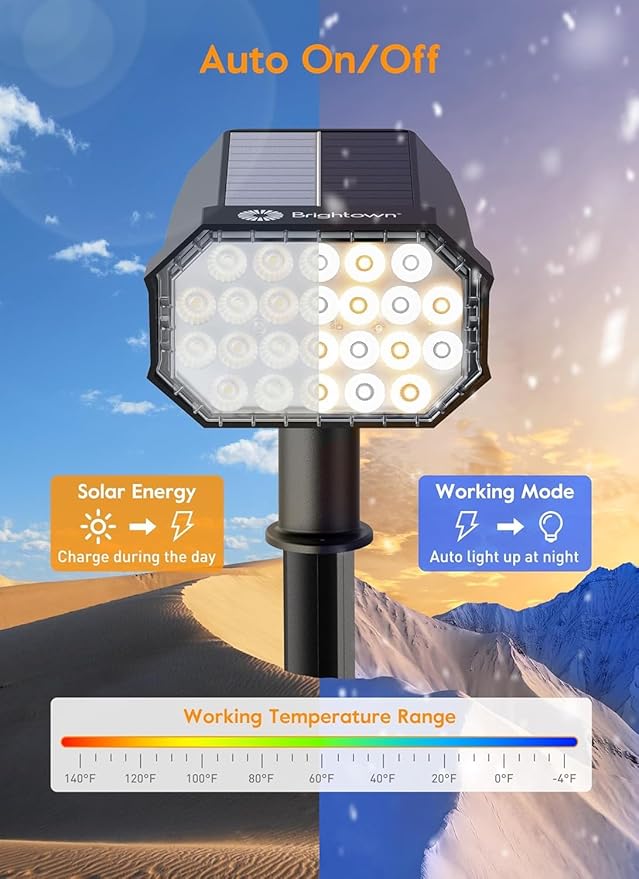 Brightown Solar Lights Outdoor Waterproof IP67, [Cool & Warm Light 2-in-1] Solar Spot Lights Outdoor, 2 Colors 3 Brightness Levels LED Outdoor Solar Lights for Yard Pathway Garden House, 2 Pack