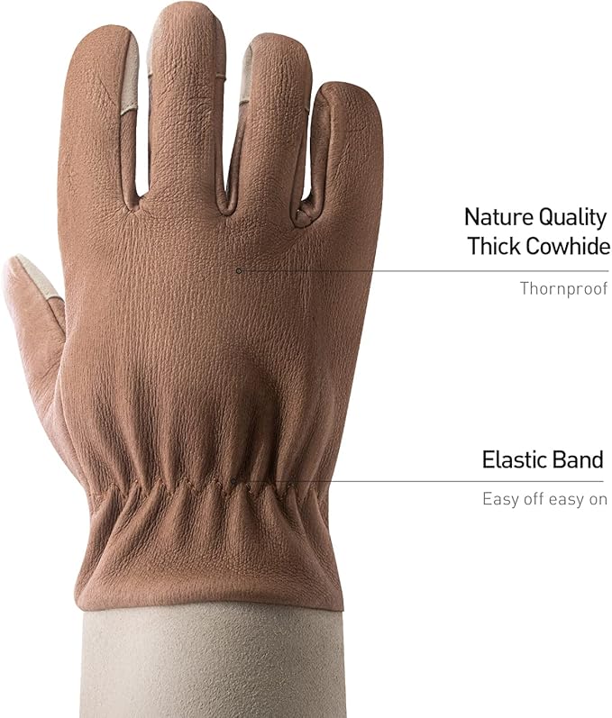 HANDLANDY Long Gardening Gloves for Men & Women, Thorn Proof Rose Pruning Gloves Leather Gauntlets Garden Gloves Yard Work Gloves (Medium, Brown)