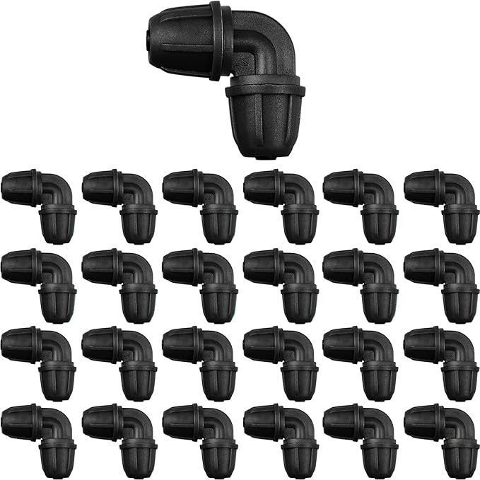 JAYEE Drip Irrigation Fittings 1/4 Inch, 25 Pcs Barbed Locked Elbows for 1/4 In Tubing, Drip Line Parts Irrigation Connectors with Lock Nut for Drip Sprinkler Garden Lawn Watering Systems, Black