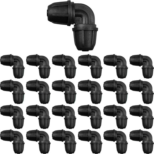 JAYEE Drip Irrigation Fittings 1/4 Inch, 25 Pcs Barbed Locked Elbows for 1/4 In Tubing, Drip Line Parts Irrigation Connectors with Lock Nut for Drip Sprinkler Garden Lawn Watering Systems, Black