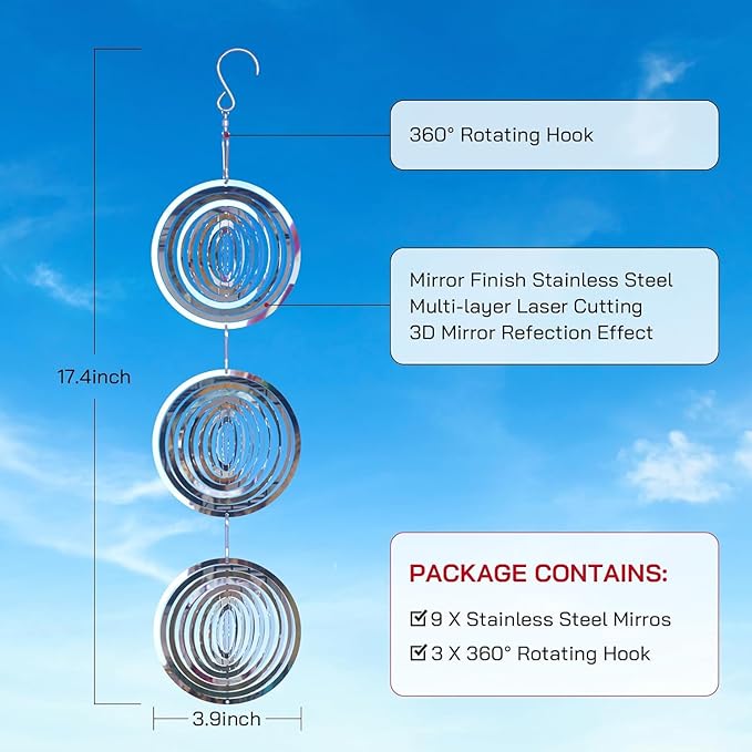 Factee Bird Deterrents for Outside, Reflective 3D Stainless Steel Wind Spinners, Garden Decor, Bird Scare Devices to Keep Woodpeckers, Pigeons Away from Your House, Patio, Orchards1