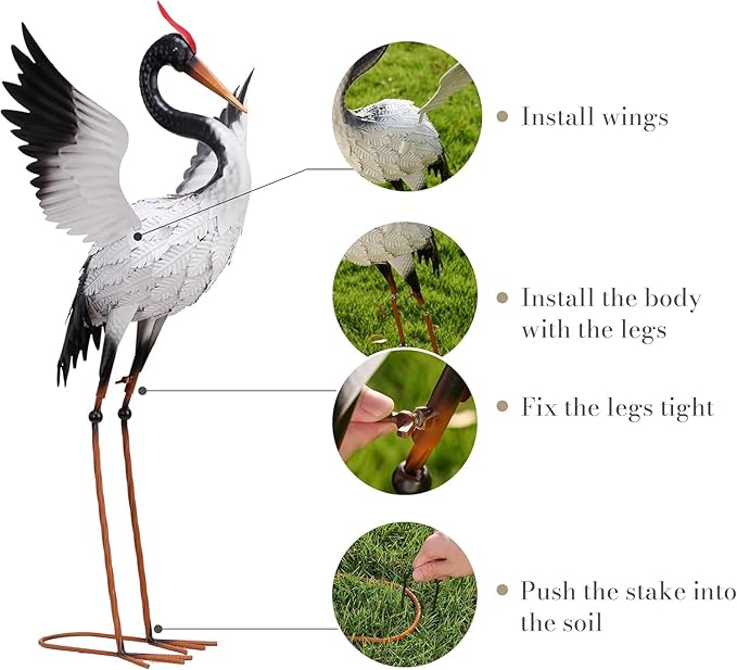 TERESA'S COLLECTIONS Yard Decorations Outdoor Garden Statues, White Metal Crane Yard Art, 25-26inch Lawn Ornaments for Backyard, Outside Porch, Patio, Wedding Decor,Set of 2,Spring Decor,Gifts for Mom