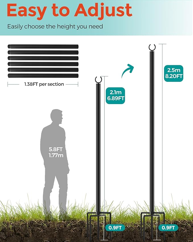 LAND·VOI 2 Pack String Light Poles, 9FT Heavy Duty Metal Light Poles for Outside String Lights, Outdoor Light Poles with 5 Prong Fork, Lighting Stand for Patio, Backyard, Garden, Deck, Black FLP12B