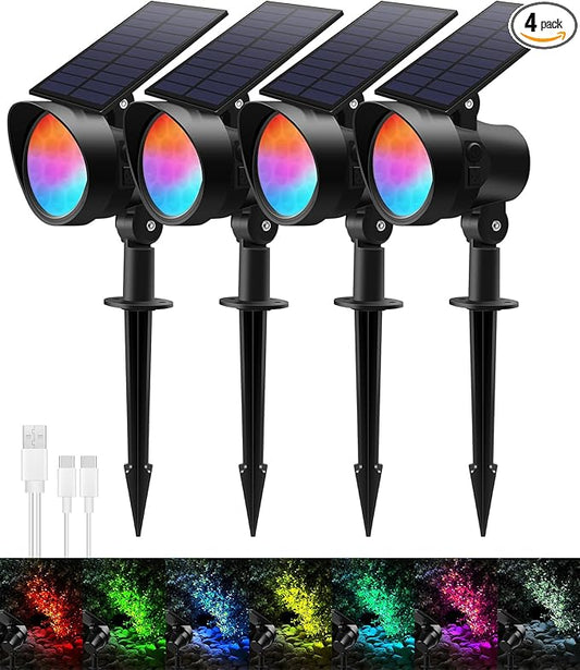 Solar Spot Lights Outdoor Color Changing, Dimmable IP65 Waterproof Solar Landscape Spotlights for Garden Yard Decorations, 4 Pack