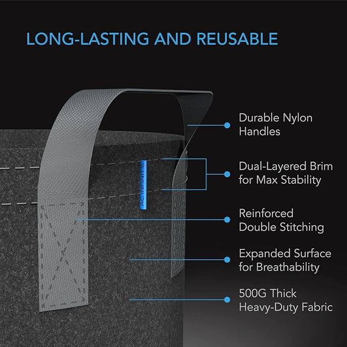 AC Infinity Heavy Duty Fabric Pots, 1 Gallon Aeration Reusable Grow Bags 5-Pack with 500G Thick Nonwoven Fabric and Multi-Purpose Rings, for Low Stress Plant Training Fruits, Vegetables, and Flowers