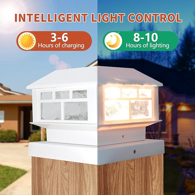 Solar Post Lights Outdoor, 20LM Fence Post Cap Lights, Waterproof, 2 Light Modes, Fit 3.5x3.5in 4x4in 5x5in Wooden Post, Solar Power Deck Lights for Garden Deck Patio Decoration(White 2Pack)