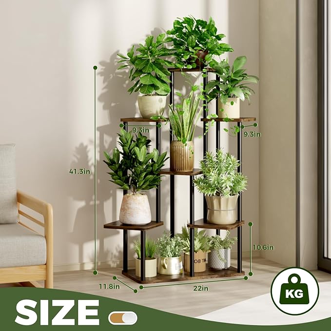 7 Tiered Plant Stand Indoor Corner Plant Shelf for Multiple Plants for Patio Garden Balcony Living Room Bedroom, Tall Metal Flower Pots Stand Relaxing for Women Gift Brown Oak