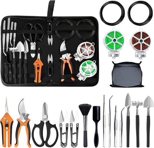 Bonsai Tools Set, 20 Pcs Gardening Succulent Tree Indoor Beginner Tool Kit, Include 262 Feet Bonsai Wire, 29.5"x29.5" Plant Repotting Mat, Leather Bag, Bonsai Scissors, Pruning Shears, Gifts for Women