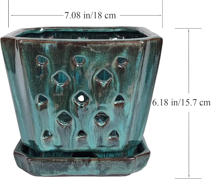 W&W Orchid Pot with Holes and Saucer for Repotting, Green Mix,7 Inches