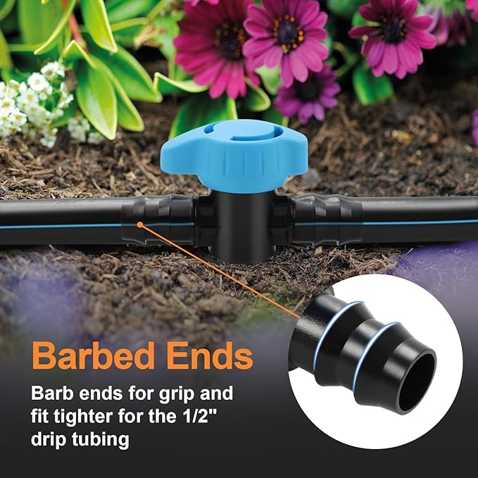 8 Pack Drip Irrigation 1/2 Inch Barbed Shut Off Valve, Drip Line 1/2" In-Line Ball Valve Parts for 1/2 Inch 16mm Drip Irrigation Tubing (.570-.620" ID) for Drip Sprinkler Systems