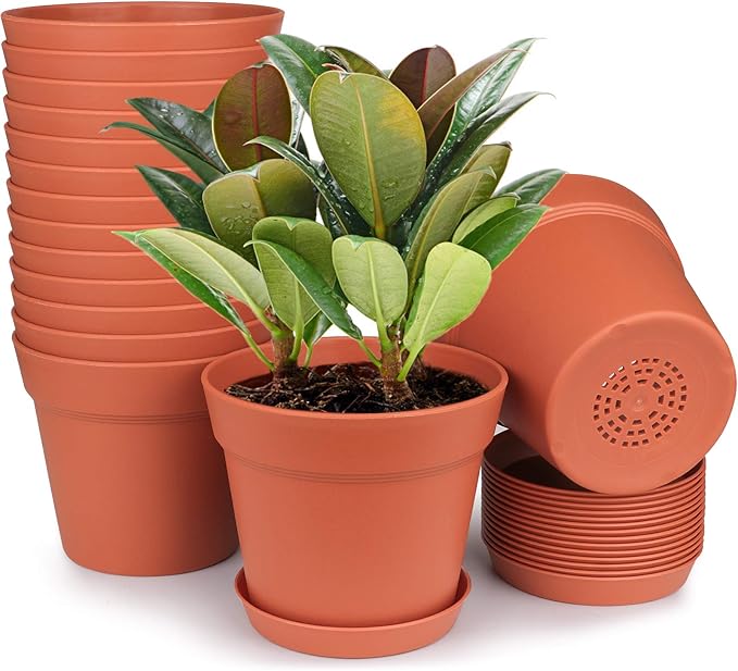 Homenote Pots for Plants, 15 Pack 6 Inch Plastic Planters with Multiple Drainage Holes and Tray - Plant Pots for All Home Garden Flowers Succulents (Terra Cotta)