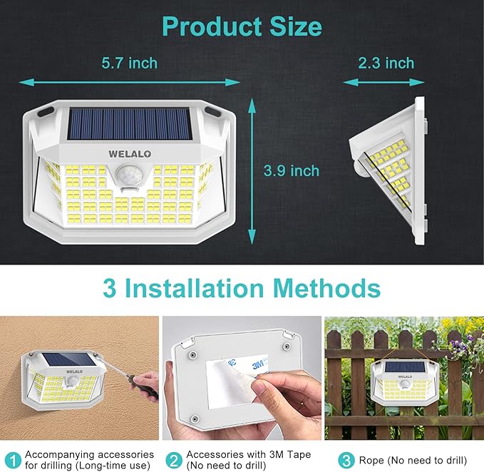 Solar Motion Sensor Lights Outdoor, [3 Modes/4 Pack/188 LED] 270° Wide Angle Lighting, Security Solar Powered Wall Lights, IP65 Waterproof Flood Lights for Fence Porch Yard Patio(White)