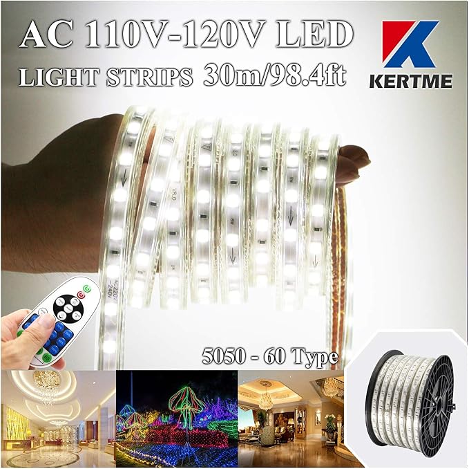 5050-60 Type AC 110-120V White LED Strip Lights, Flexible/Waterproof/Dimmable/Multi-Modes LED Rope Light + 23 Keys Remote for Home/Garden/Building Decoration (98.4ft/30m, White 6000K)