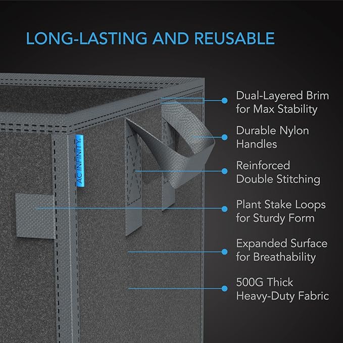 AC Infinity Square Heavy Duty Fabric Pots, 7 Gallon Aeration Reusable Grow Bags 5-Pack with 500G Thick Nonwoven Fabric and Plant Stake Loops, for Garden Growing Fruits, Vegetables, and Flowers