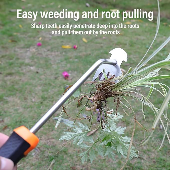 Weed Removal Tool, 2025 New Garden Weeding Tools Manganese Steel Hand Weeder Tool with Handle, 4 Teethes Dual Purpose Manual Weeders Tool Weed Pulling Tool for Garden (Rubber Handle)