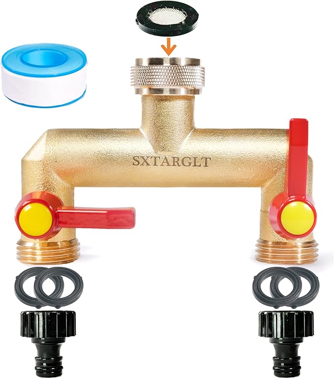 Brass garden hose splitter,、2 way hose splitter with 2 Extension Handles, GHT 3/4”Outdoor Faucet Diverter for irrigation system with extra 1 Filter Rubber Washers 2 Quick Connectors 1 Tape