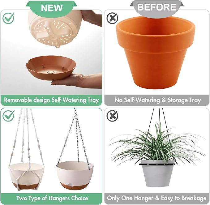 Set of 2-8 Inch Hanging Planters for Indoor Plants with Self-Watering Includes Hanging Pots for Plants, Outdoor Hanging Plant Pot with Drainage, and 2 Types of Hanging Baskets Hangers (White)