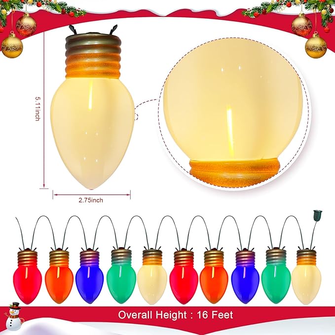 16FT Jumbo Xmas String Lights,Large Outdoor Christmas Lights with 10 Giant Multicolored Bulbs Hanging Lights for Outside Indoor Holiday Tree Porch Roof Fence Yard Garden Decorations