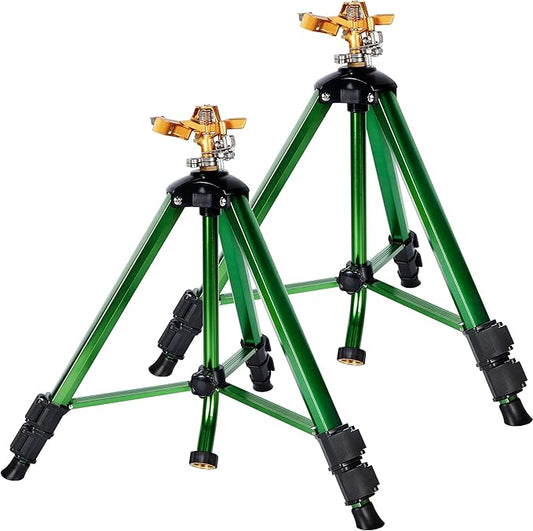 Biswing Impact Sprinkler Head on Tripod Base, Heavy Duty Lawn Sprinkler, 360 Degree Large Area Irrigation, Brass Sprinkler Nozzle & Solid Alloy Metal Extension Legs Flip Locks, 2 Pack