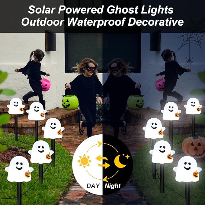 Solar Halloween Ghost Pathway Lights, 10 Pack Ghost Stake Lights with Pumpkin Design, Durable Waterproof Outdoor Halloween Decoration for Garden, Walkway, and Yard (10Pcs PGhost)