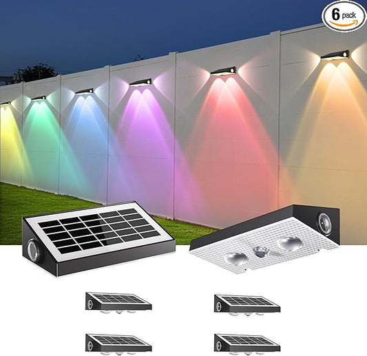 OUTON Solar Fence Lights Outdoor, 3-Side RGBCW Fence Light Solar Powered, 10 Modes Dusk to Dawn Auto ON/Off Deck Lights, IP65 Waterproof Outside Light for Garden Step Patio Backyard Wall, 6-Pack