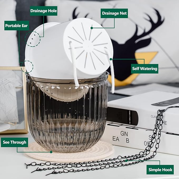 6.5 Inch 2 Pcs Self Watering Hanging Planter Indoor Plant Pots Drainage Holes, Outdoor Hanging Planters Flower Pot Basket, Visible Water Level, Plant Hanger Home Decor, Gardening