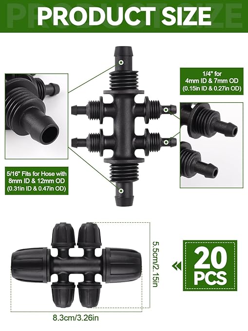 20PCS Locked Barbed Tee Connectors, Kalolary 5/16 Inch to 1/4 Inch Drip Irrigation Fittings Kit 8/12mm to 4/7mm Tube Lock Female Connector 6-Way Barbed Lock Irrigation Parts for Garden Watering System