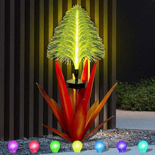 Metal Outdoor Decoration Gift Metal Agave Plants Outdoor Decor, Metal Agave Yard Art Garden Lights Solar Outdoor, 7 Color Changing Garden Yard Pathway Xmas Decor Waterproof & Solar Powerer (1pcs red)