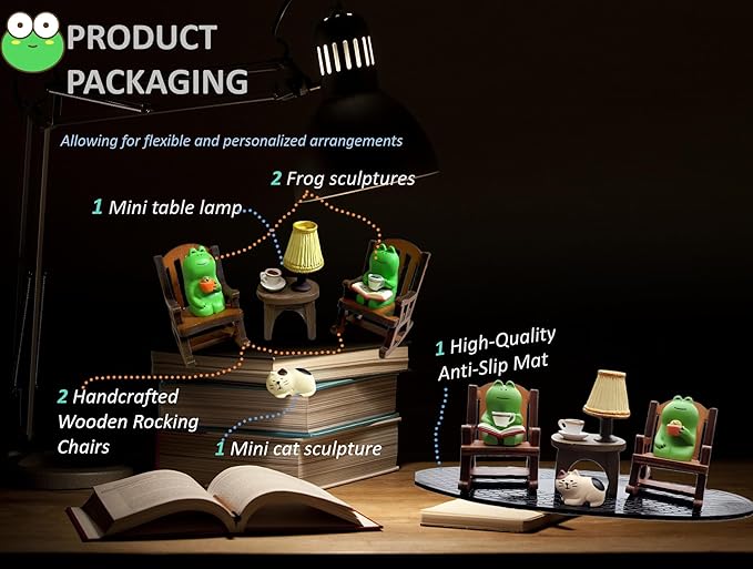 7 Pcs Cute Frog Rocking Chair Set with Miniature Frog Figurines, Mini cat, and Whimsical Trinkets - Versatile Decor for Office, Home, Yard, Patio, and Lawn