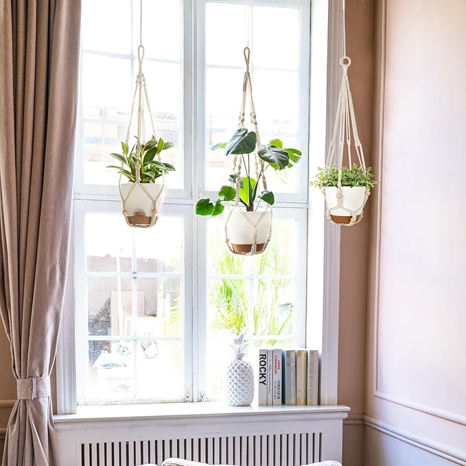Mkono Hanging Planters, Macrame Plant Hangers with Self Watering Plant Pots Indoor Set of 3 Hanging Baskets Flower Pot Holders with Hooks No Tassels 3 Different Size for Boho Home Decor, Ivory