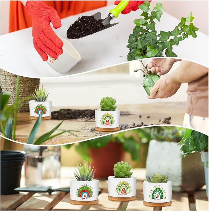 Sieral 6 Pcs Thank You Gift Appreciation Gift Succulent Pots Mini Ceramic Plant Pot with Bamboo Tray Succulent Planter for Coworker Employee Teacher School Counselor, Plants Excluded(Joyous Style)