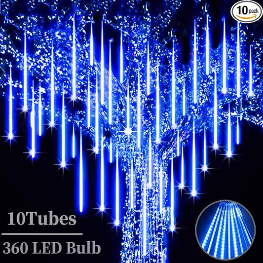 Christmas Meteor Shower Lights Outdoor - 12 Inch 10 Tube 360 LED High Brightness Falling Rain Icicle Cascading Lights for Xmas Tree Roof Eaves Patio Decor