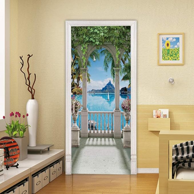 3D Door Stickers Murals - Landscape - Peel and Stick - Waterproof & Washable - Matt Finish - Modern Style - White - 34.6" x 78.7" - 2 Pieces