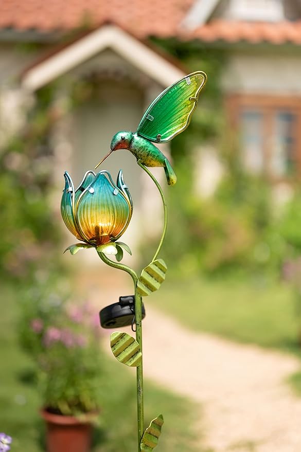 TERESA'S COLLECTIONS Glass Flower Bird Pathway Solar Outdoor Light for Garden Decor, 41'' Tulip and Hummingbird Metal Decorative Stakes Yard Art for Lawn Patio Porch Decorations, Gifts for Mom