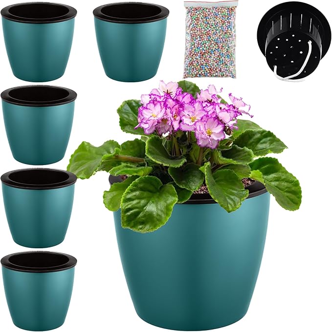Planterhoma Premium 5 Pack Self Watering Pots for Indoor Plants, Blue and Gold, 6.7 inch
