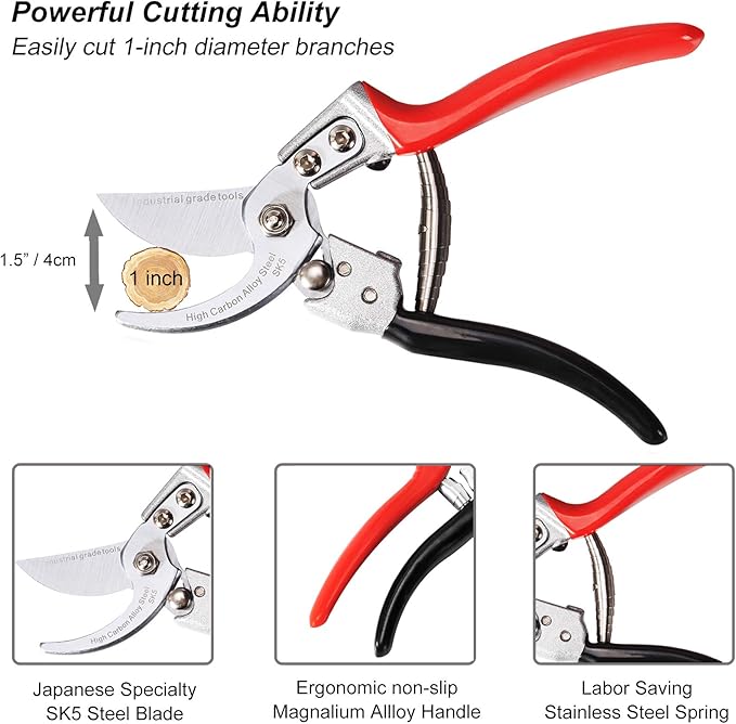 Pruning Shears [Made in Japan] Professional 8 Inch Premium Plant Garden Scissors Secateurs with Ergonomic Handle, Gardening Gifts Bypass Hand Pruners Branch Gardening Clippers for Plants