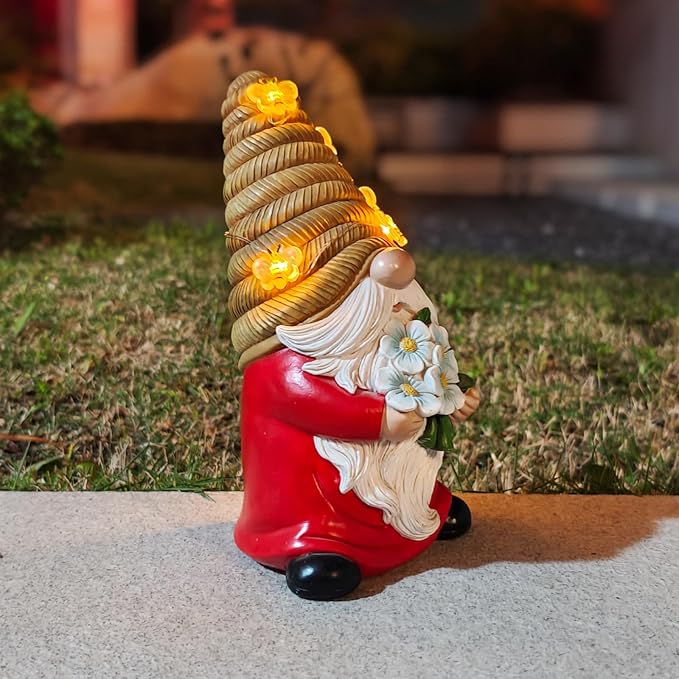 Outdoor Garden Gnomes Statue, Bee Flower Gnome Sculpture, with Solar LED Lights for Yard, Patio, Lawn Ornaments for Garden, Patio Gnome Gifts for Mom