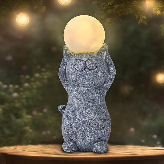 Solar Garden Decor Cat Moon Outdoor Statue and Figurine Lights, Outdoor Patio Sculpture Decor LED Lights Gifts for Mom or Daughter, Garden Statues Birthday Gifts for Women Home and Yard