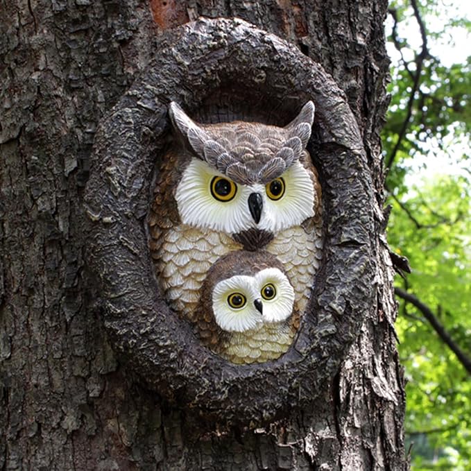 Owl Tree Hugger Whimsical Tree Sculpture Garden Statues Outdoor Tree Face Decor Garden Peeker Yard Art Decorations (Mom and Baby Owl)