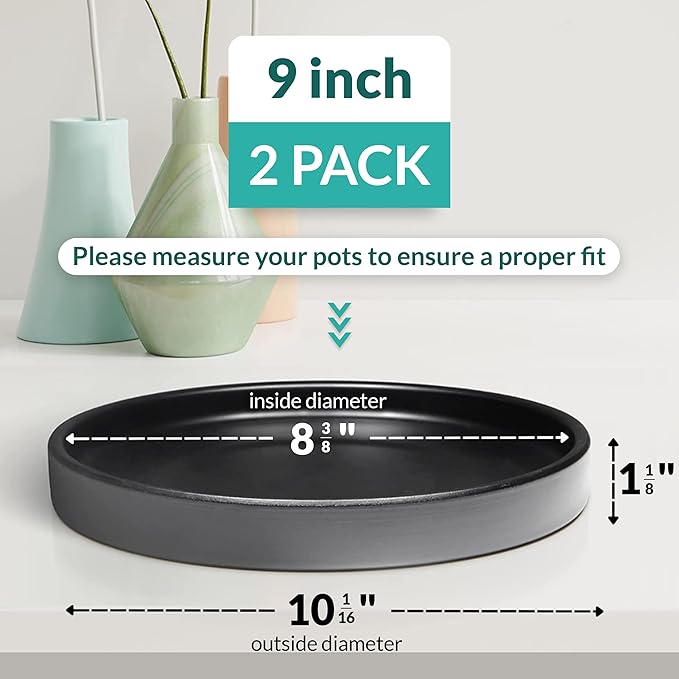 Willowy 9 Inch Black Ceramic Plant Saucer (2 Pack) - Plant Drip Trays for 6-8 Inch Planters,Plant Saucers for Indoors,Plant Trays for Pots,Plant Pot Saucers,Plant Water Tray,Plant Dish Saucer